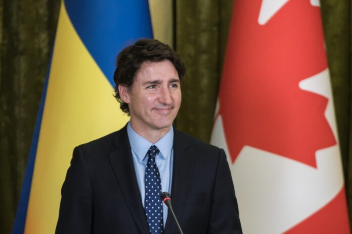 Prime Minister of Canada Justin Trudeau is holding a news conference during visiting Kyiv, Ukraine on June 10, 2023